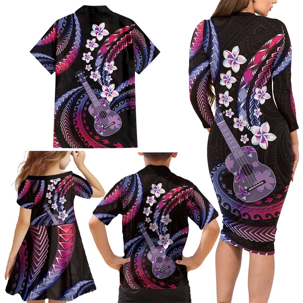 Hawaiian Ukulele Family Matching Long Sleeve Bodycon Dress and Hawaiian Shirt Sweet Dream Fantastic Plumeria LT01 - Polynesian Pride