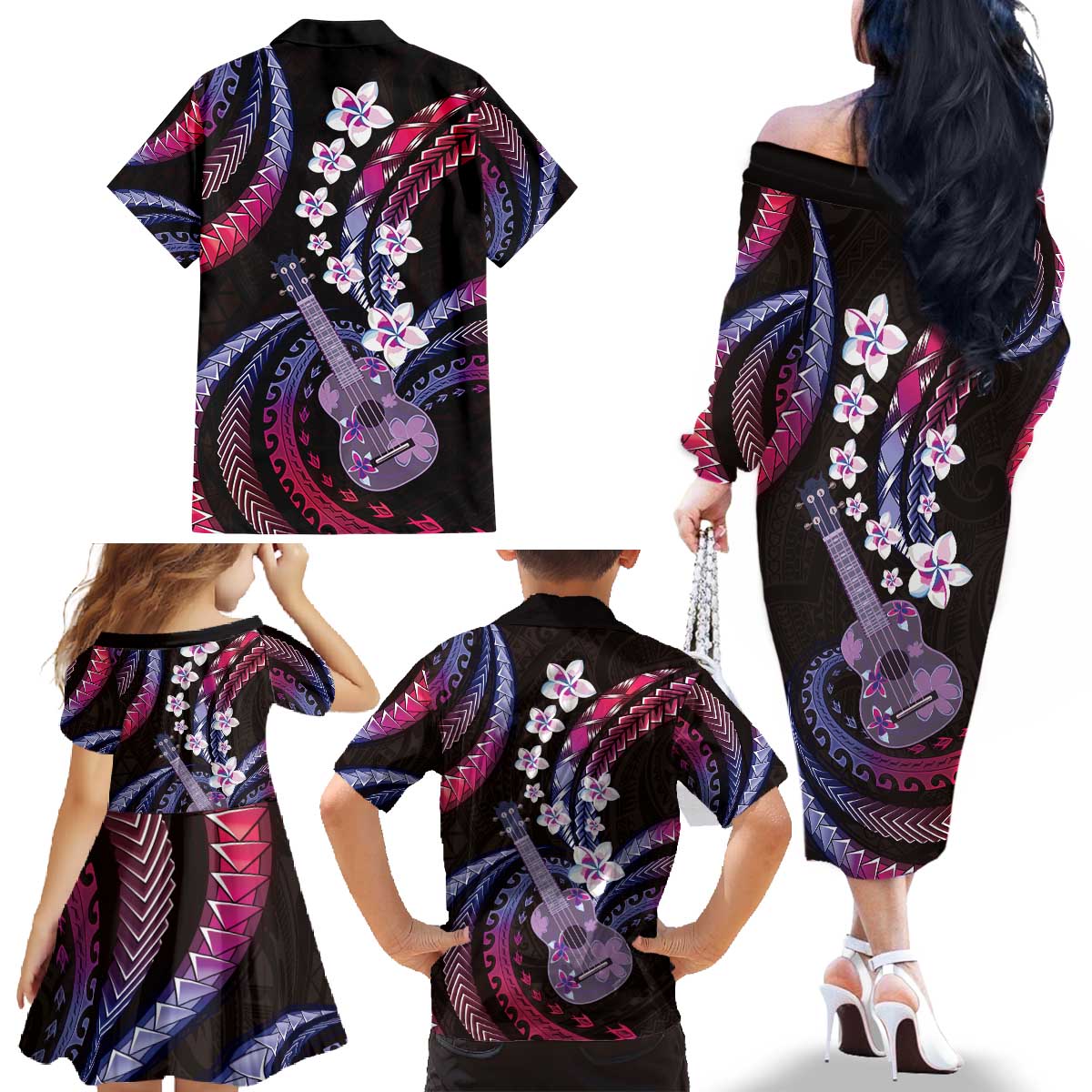 Hawaiian Ukulele Family Matching Off The Shoulder Long Sleeve Dress and Hawaiian Shirt Sweet Dream Fantastic Plumeria LT01 - Polynesian Pride