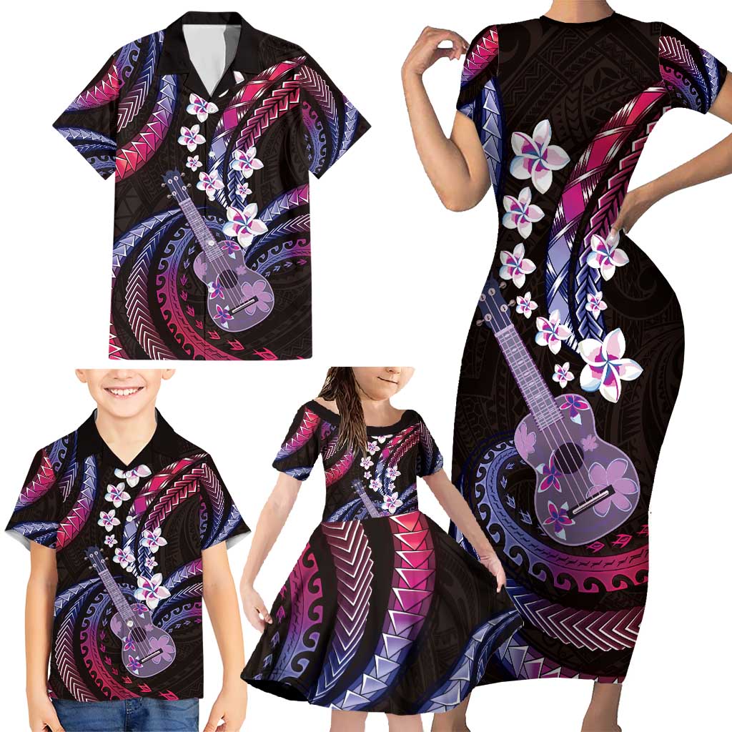 Hawaiian Ukulele Family Matching Short Sleeve Bodycon Dress and Hawaiian Shirt Sweet Dream Fantastic Plumeria