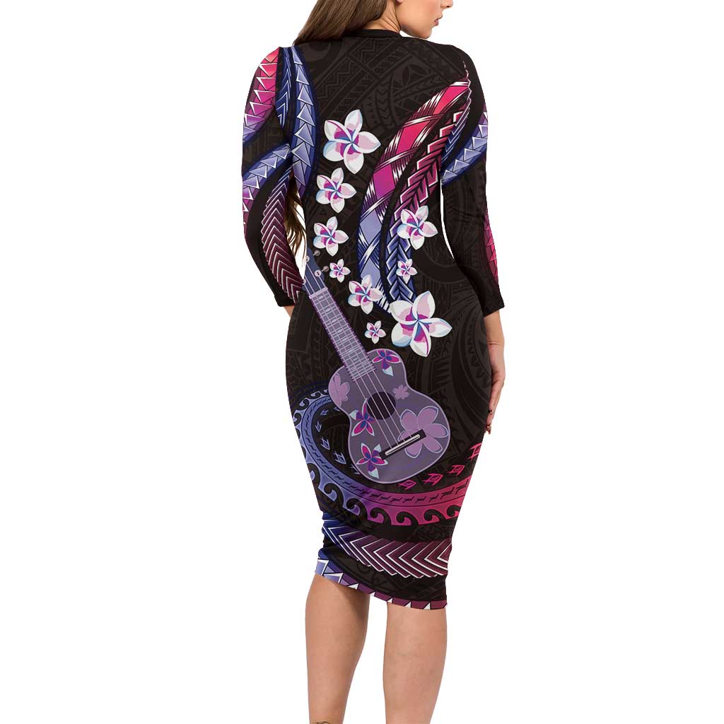 Hawaiian Ukulele Long Sleeve Bodycon Dress Sweet Dream Fantastic Plumeria LT01 - Polynesian Pride