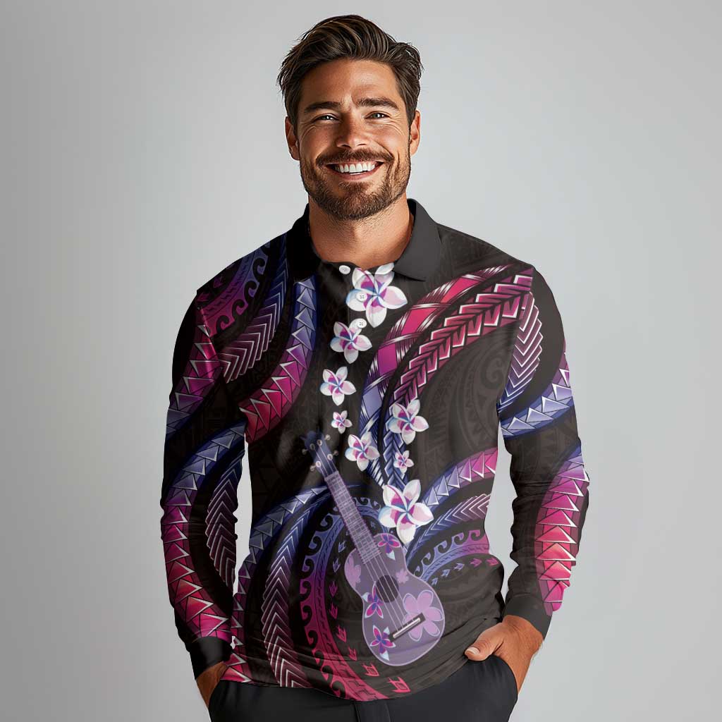 Hawaiian Ukulele Long Sleeve Polo Shirt Sweet Dream Fantastic Plumeria