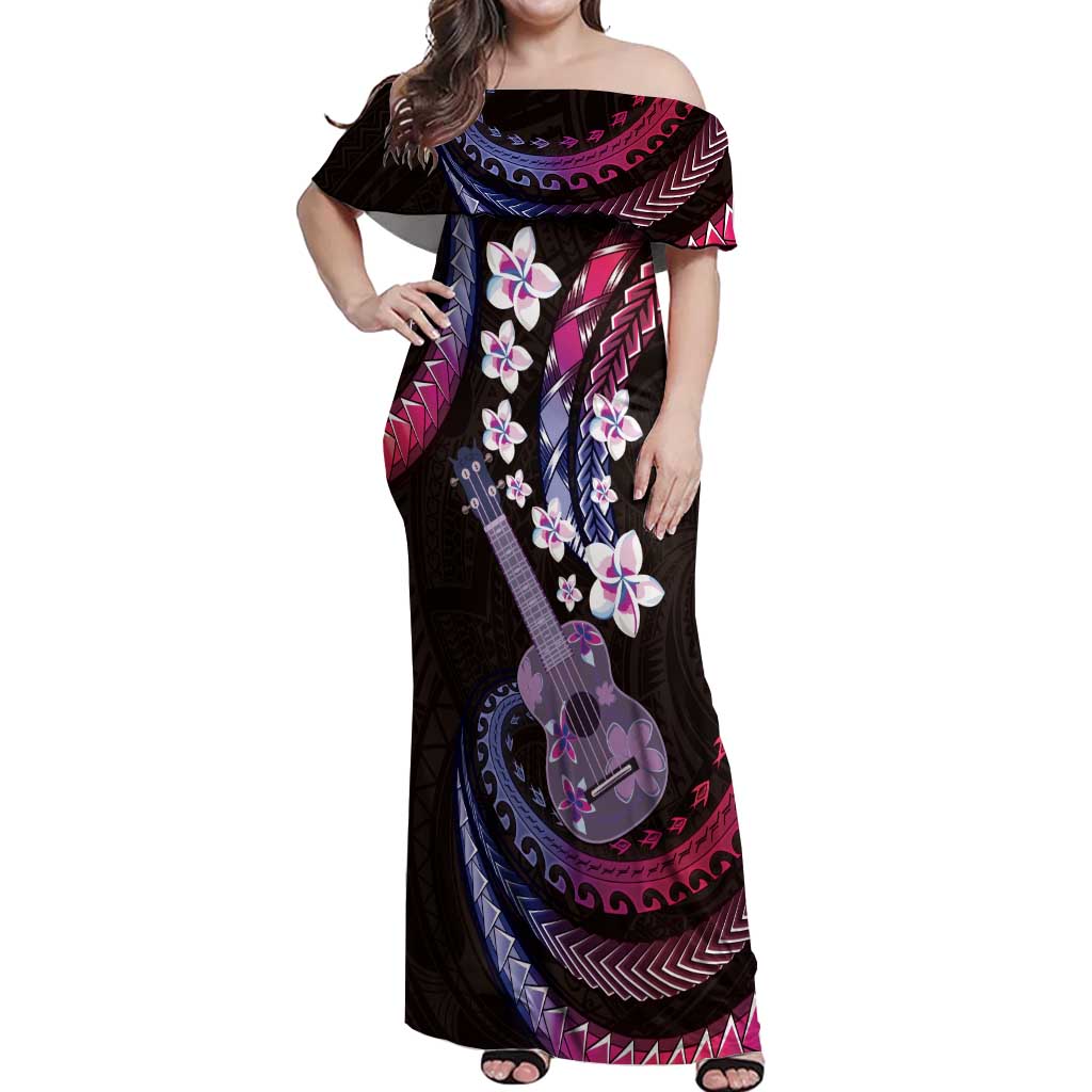 Hawaiian Ukulele Off Shoulder Maxi Dress Sweet Dream Fantastic Plumeria