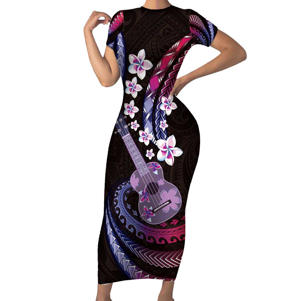 Hawaiian Ukulele Short Sleeve Bodycon Dress Sweet Dream Fantastic Plumeria
