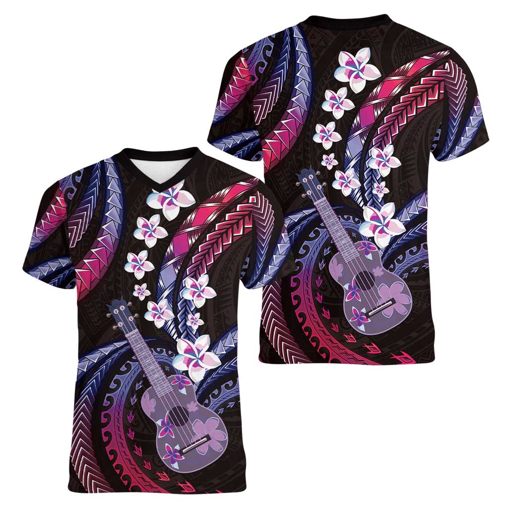Hawaiian Ukulele Women V-Neck T-Shirt Sweet Dream Fantastic Plumeria LT01 - Polynesian Pride