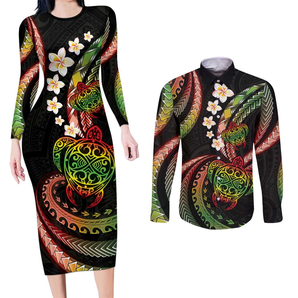 Hawaii Turtles Plumeria Couples Matching Long Sleeve Bodycon Dress and Long Sleeve Button Shirt Reggae Polynesian Pattern