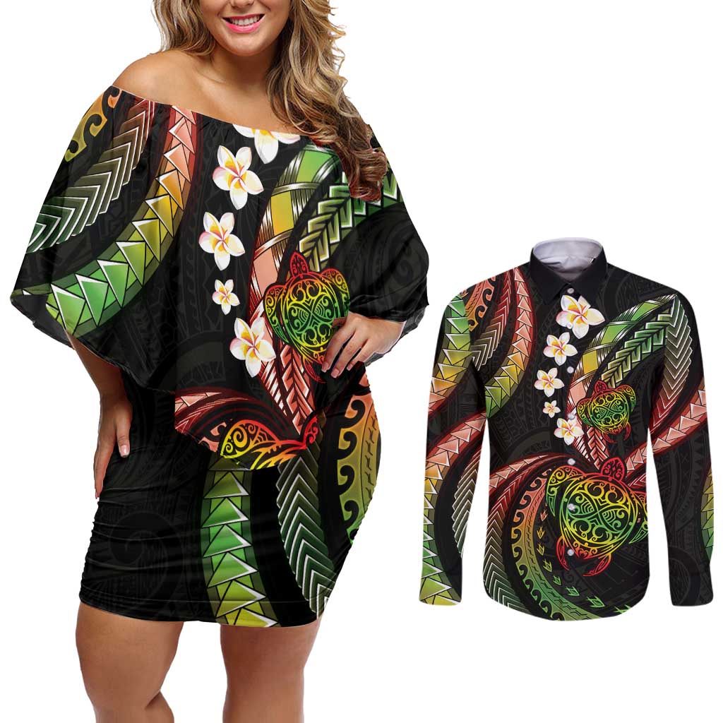 Hawaii Turtles Plumeria Couples Matching Off Shoulder Short Dress and Long Sleeve Button Shirt Reggae Polynesian Pattern
