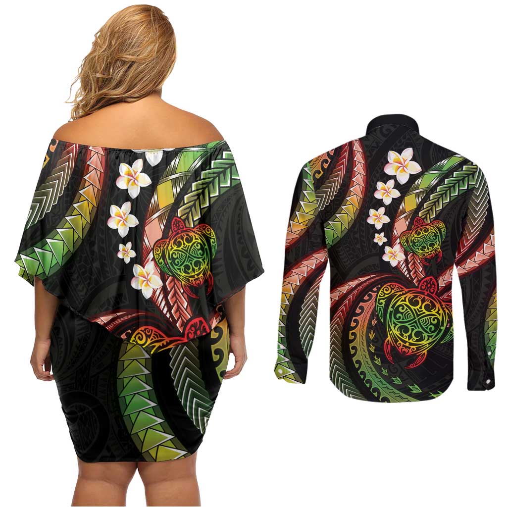 Hawaii Turtles Plumeria Couples Matching Off Shoulder Short Dress and Long Sleeve Button Shirt Reggae Polynesian Pattern