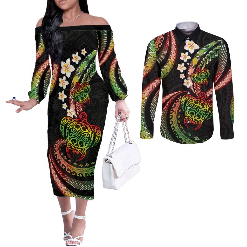Hawaii Turtles Plumeria Couples Matching Off The Shoulder Long Sleeve Dress and Long Sleeve Button Shirt Reggae Polynesian Pattern