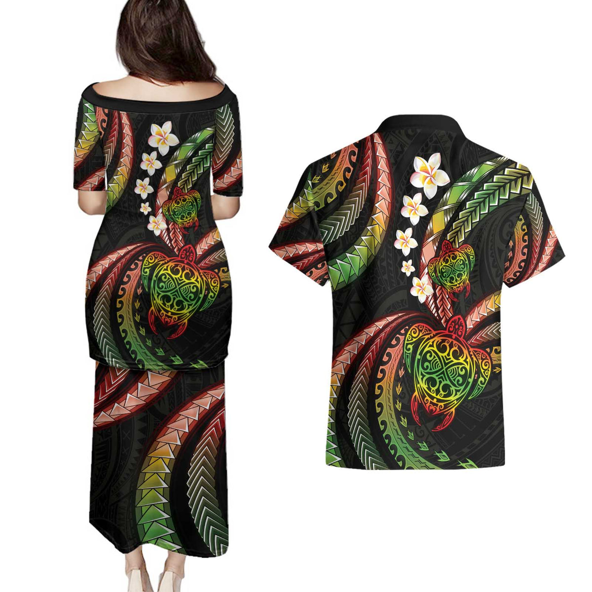 Hawaii Turtles Plumeria Couples Matching Puletasi and Hawaiian Shirt Reggae Polynesian Pattern