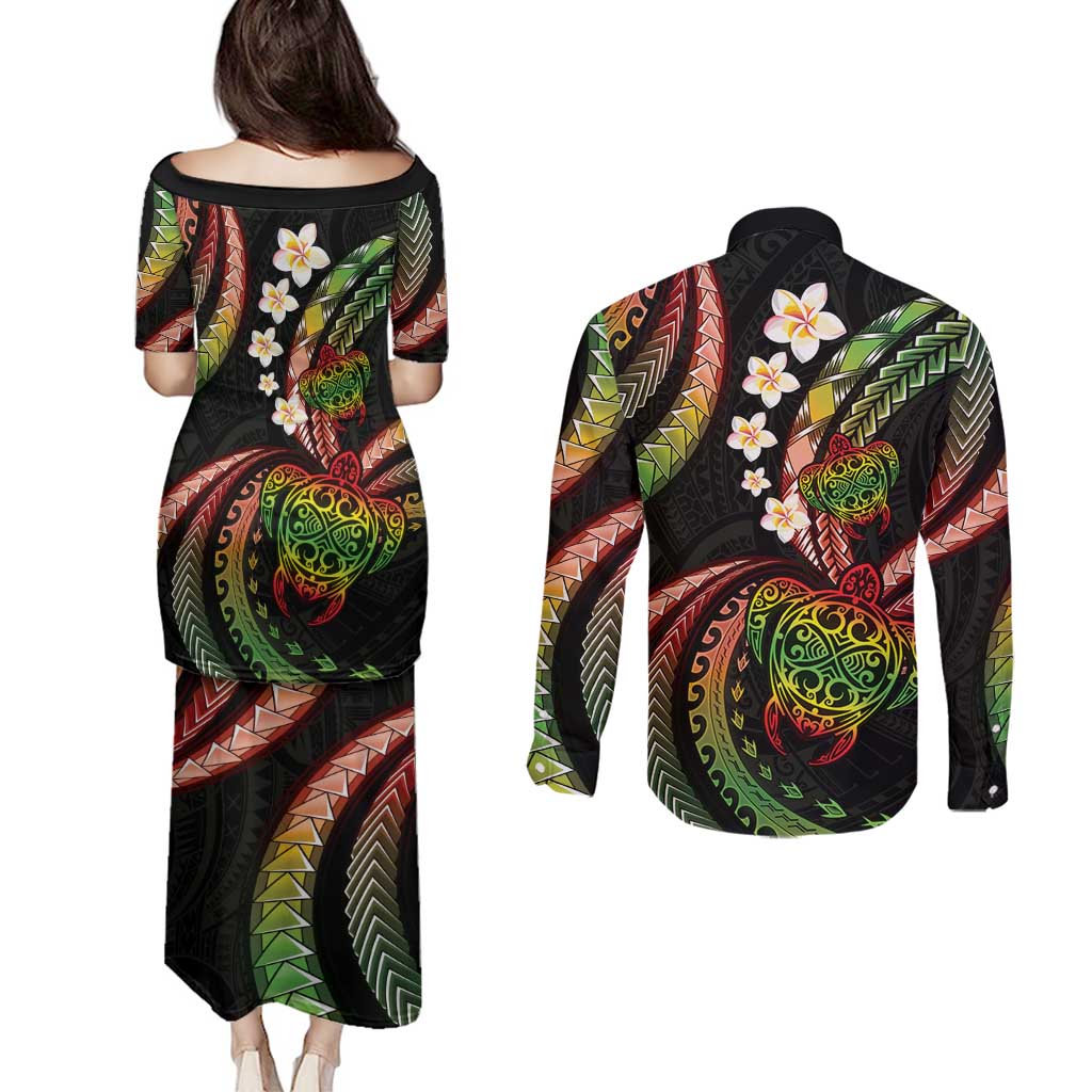Hawaii Turtles Plumeria Couples Matching Puletasi and Long Sleeve Button Shirt Reggae Polynesian Pattern