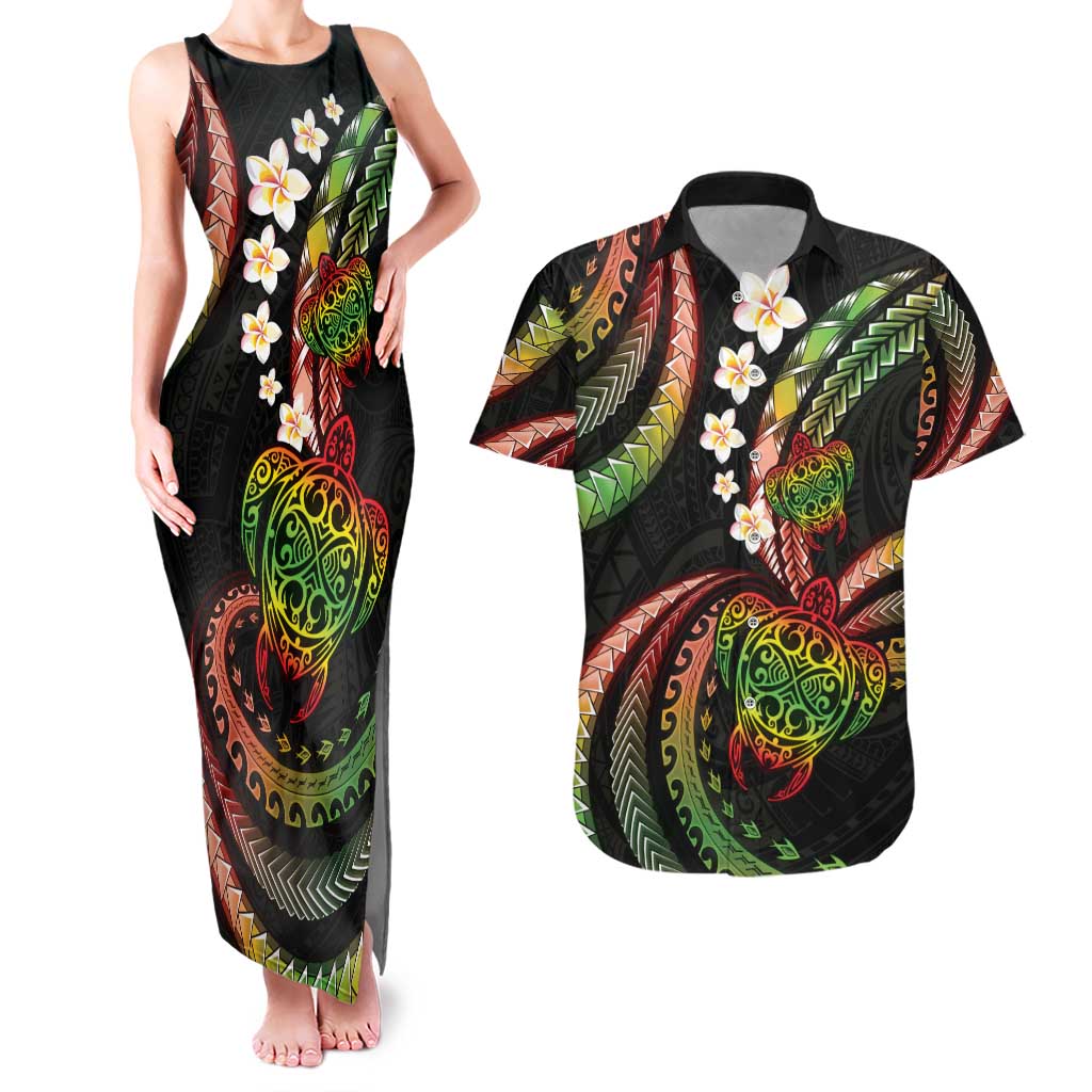 Hawaii Turtles Plumeria Couples Matching Tank Maxi Dress and Hawaiian Shirt Reggae Polynesian Pattern