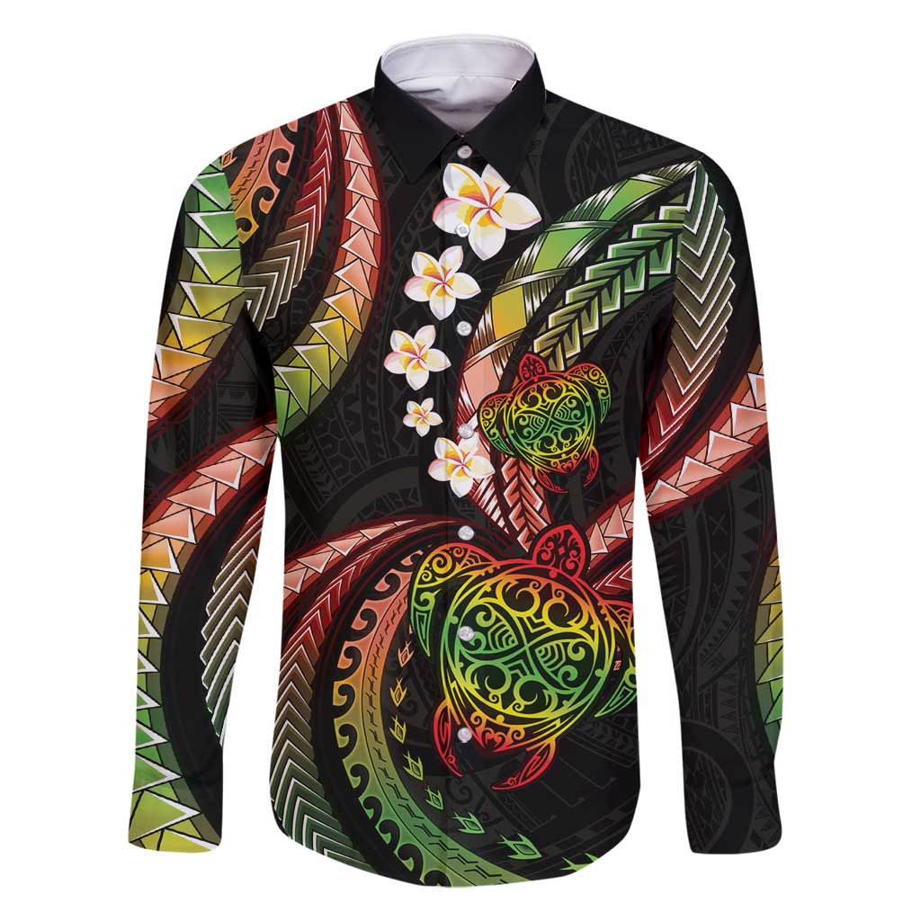 Hawaii Turtles Plumeria Family Matching Long Sleeve Bodycon Dress and Hawaiian Shirt Reggae Polynesian Pattern