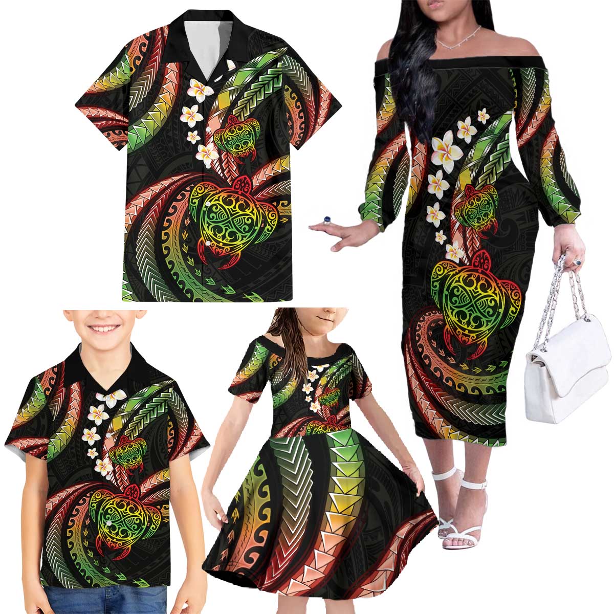 Hawaii Turtles Plumeria Family Matching Off The Shoulder Long Sleeve Dress and Hawaiian Shirt Reggae Polynesian Pattern