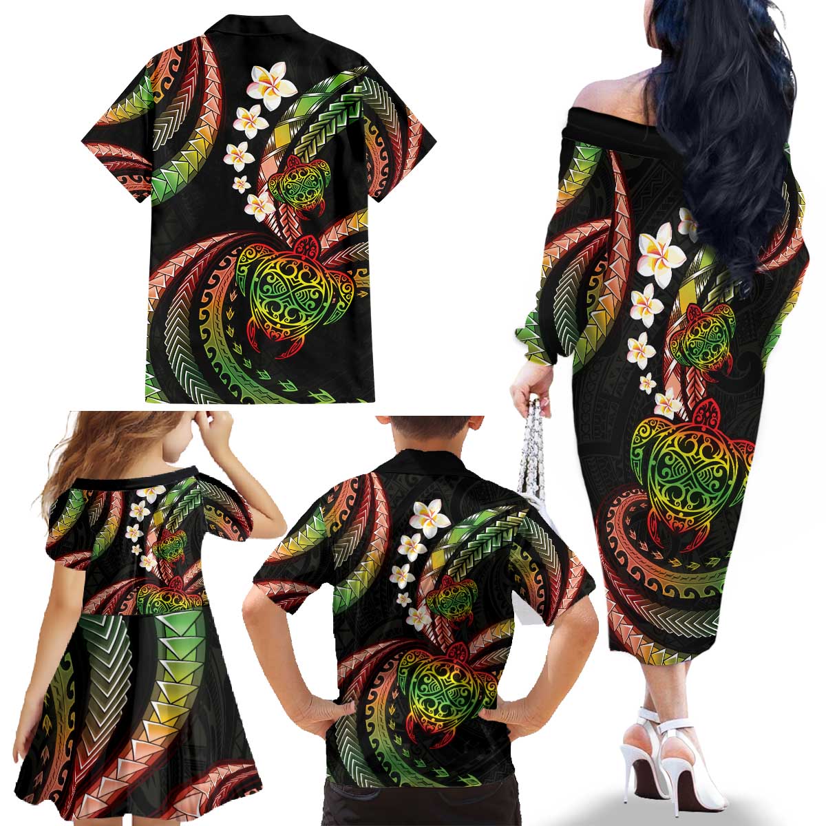 Hawaii Turtles Plumeria Family Matching Off The Shoulder Long Sleeve Dress and Hawaiian Shirt Reggae Polynesian Pattern