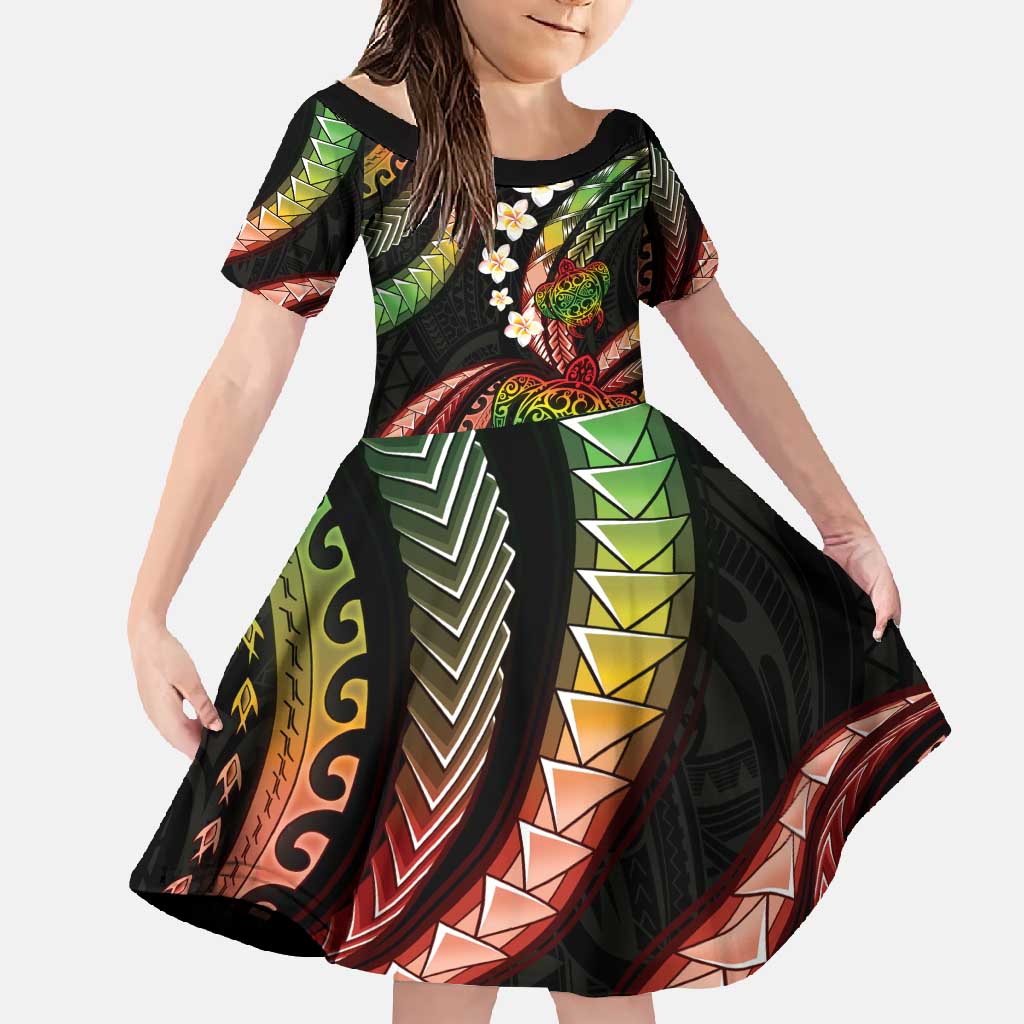 Hawaii Turtles Plumeria Family Matching Off Shoulder Maxi Dress and Hawaiian Shirt Reggae Polynesian Pattern LT01 Daughter's Dress Reggae - Polynesian Pride