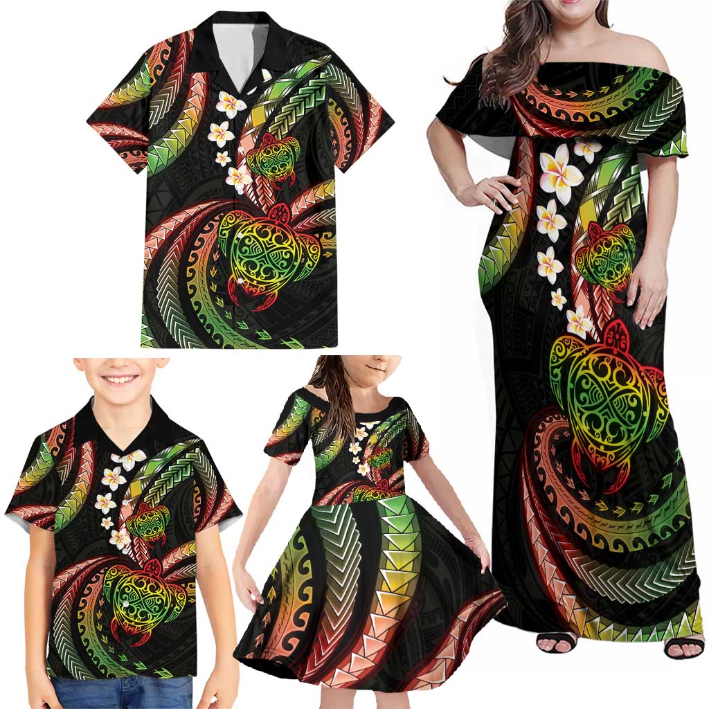 Hawaii Turtles Plumeria Family Matching Off Shoulder Maxi Dress and Hawaiian Shirt Reggae Polynesian Pattern LT01 - Polynesian Pride