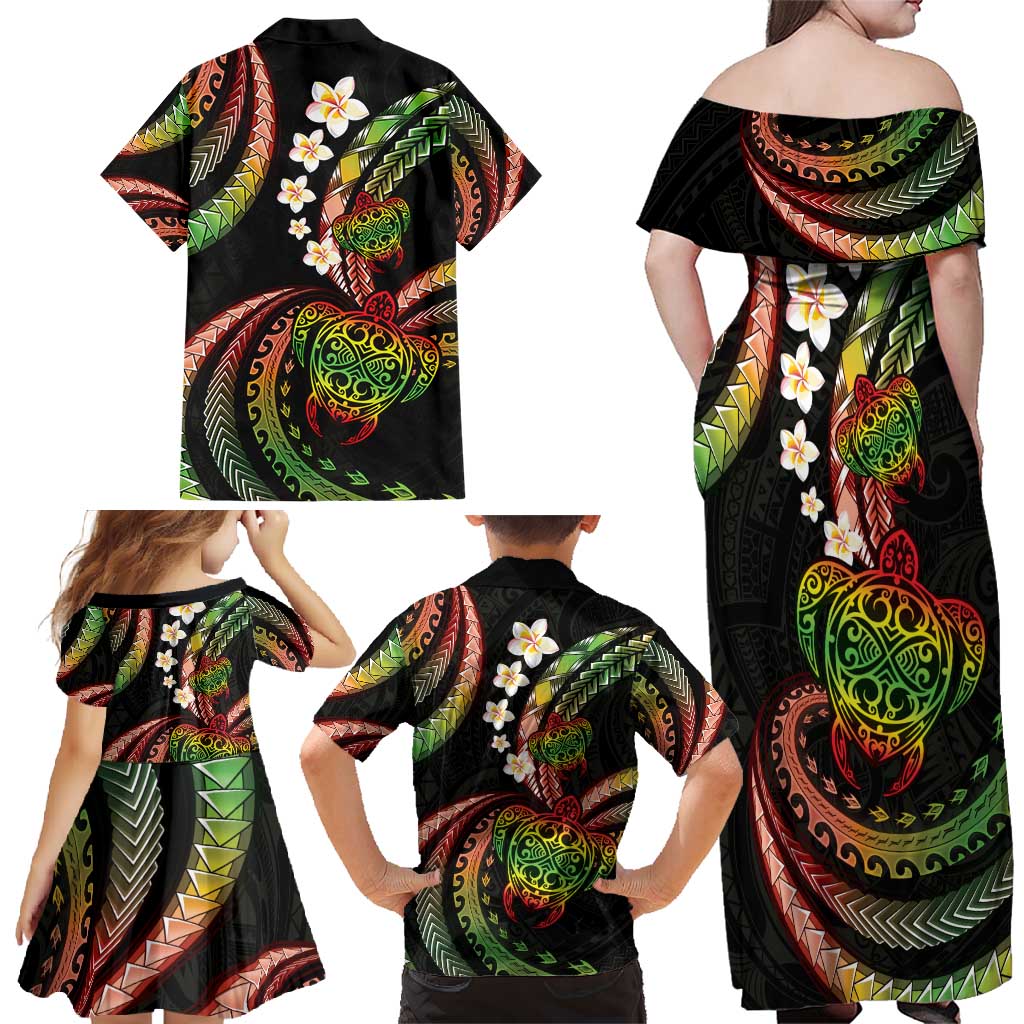 Hawaii Turtles Plumeria Family Matching Off Shoulder Maxi Dress and Hawaiian Shirt Reggae Polynesian Pattern LT01 - Polynesian Pride