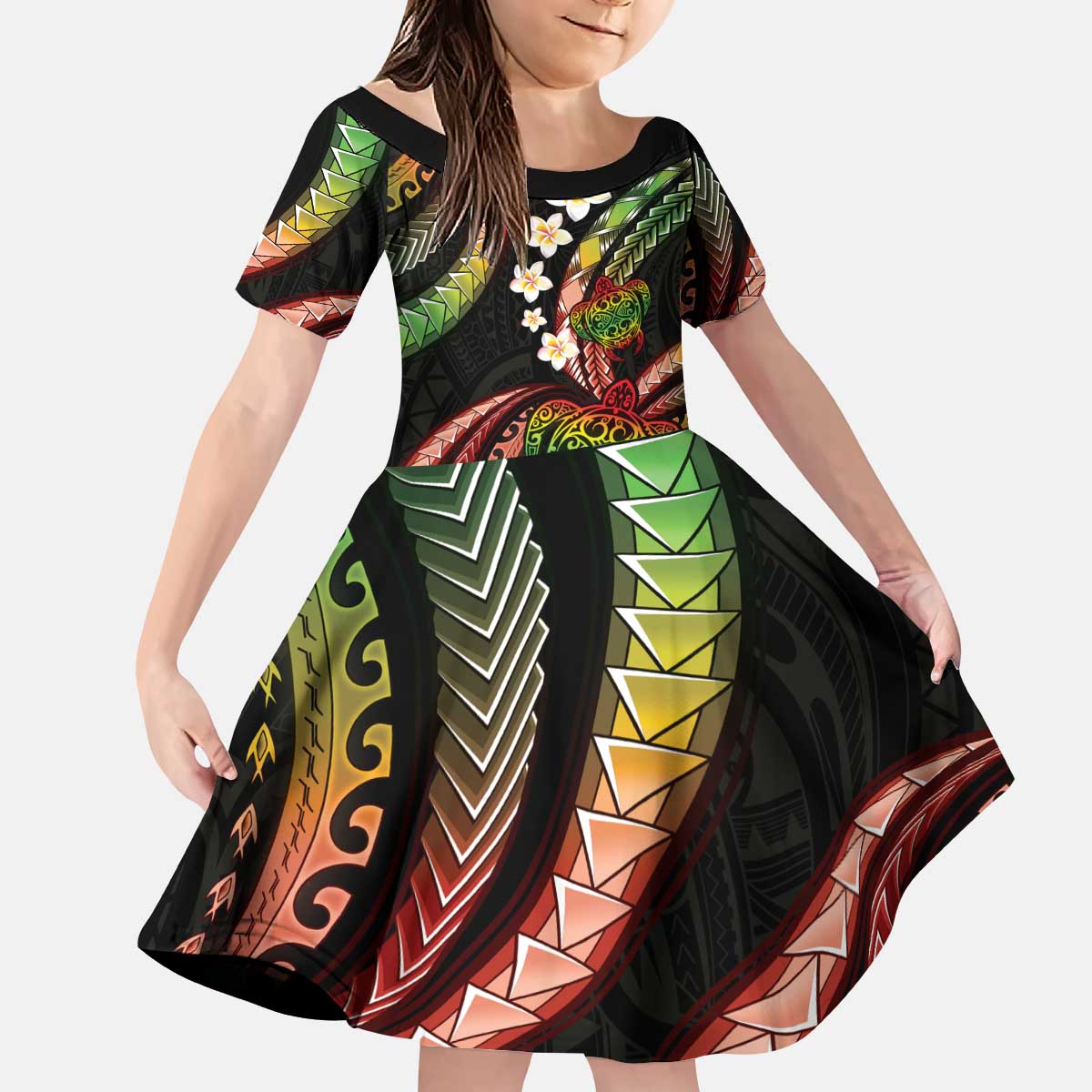 Hawaii Turtles Plumeria Kid Short Sleeve Dress Reggae Polynesian Pattern LT01 KID Reggae - Polynesian Pride