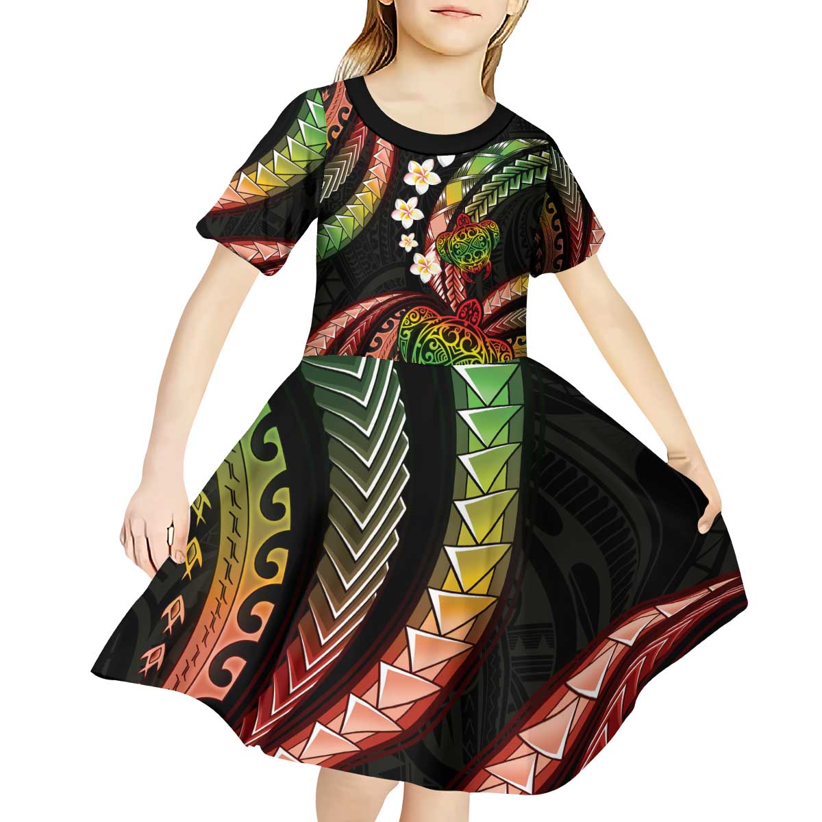 Hawaii Turtles Plumeria Kid Short Sleeve Dress Reggae Polynesian Pattern LT01 - Polynesian Pride
