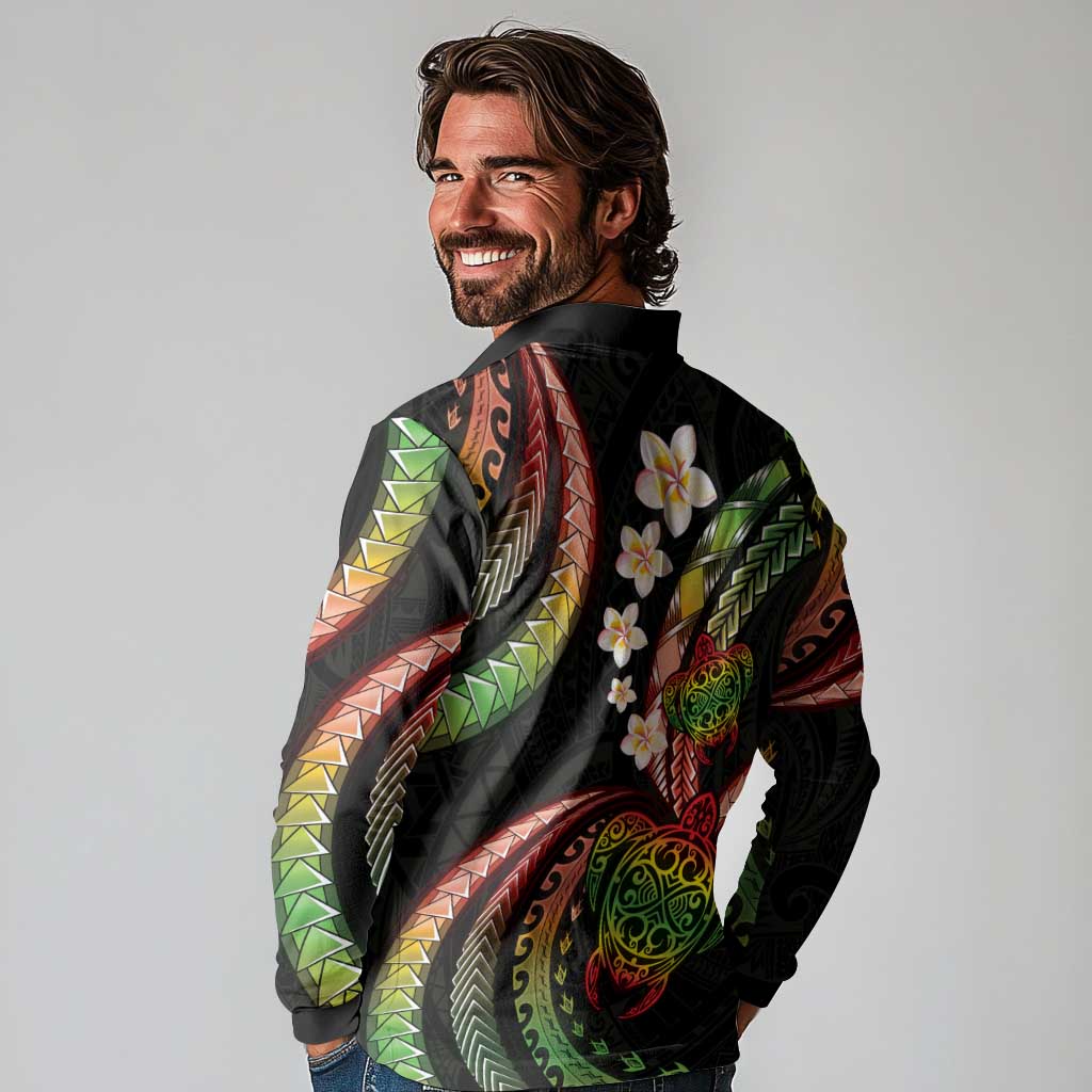 Hawaii Turtles Plumeria Long Sleeve Polo Shirt Reggae Polynesian Pattern