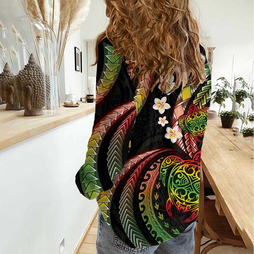 Hawaii Turtles Plumeria Women Casual Shirt Reggae Polynesian Pattern