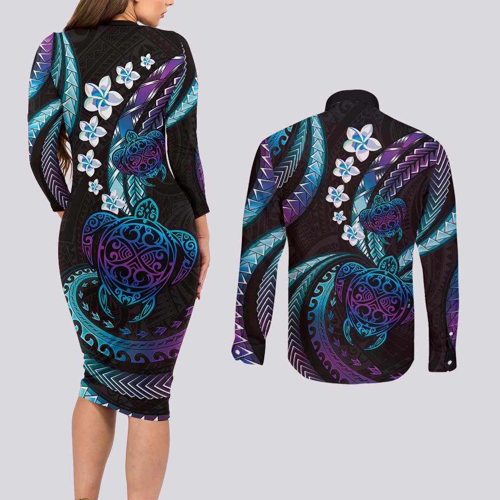 Hawaii Turtles Plumeria Couples Matching Long Sleeve Bodycon Dress and Long Sleeve Button Shirt Amethyst Gradient Polynesian Pattern