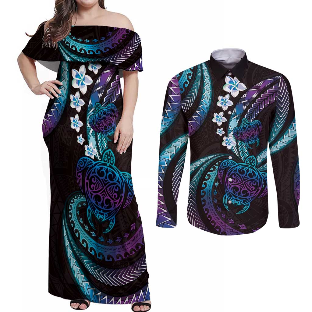 Hawaii Turtles Plumeria Couples Matching Off Shoulder Maxi Dress and Long Sleeve Button Shirt Amethyst Gradient Polynesian Pattern
