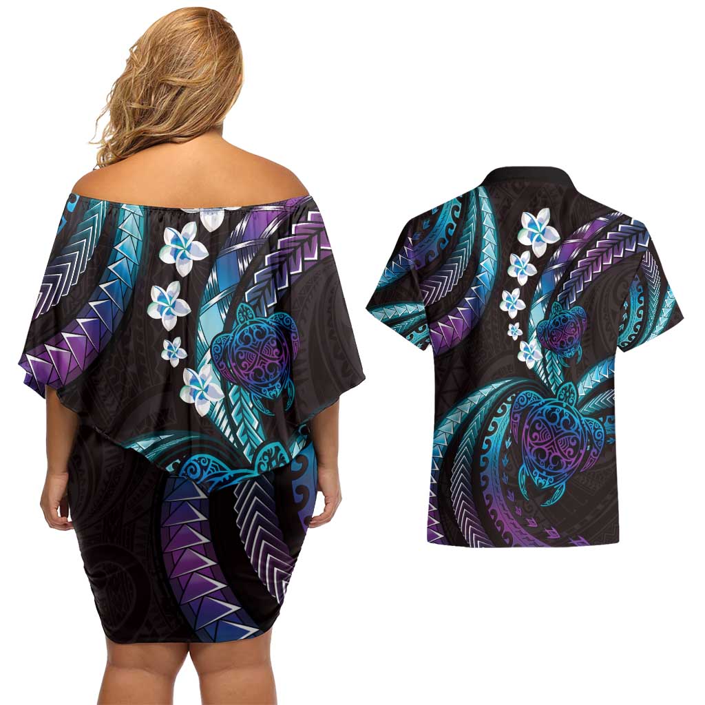 Hawaii Turtles Plumeria Couples Matching Off Shoulder Short Dress and Hawaiian Shirt Amethyst Gradient Polynesian Pattern