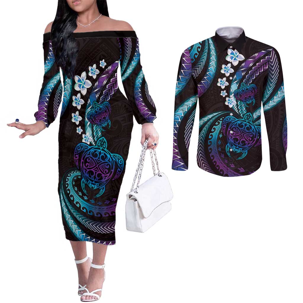 Hawaii Turtles Plumeria Couples Matching Off The Shoulder Long Sleeve Dress and Long Sleeve Button Shirt Amethyst Gradient Polynesian Pattern