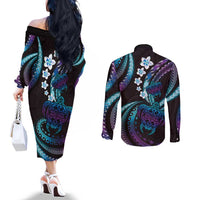 Hawaii Turtles Plumeria Couples Matching Off The Shoulder Long Sleeve Dress and Long Sleeve Button Shirt Amethyst Gradient Polynesian Pattern