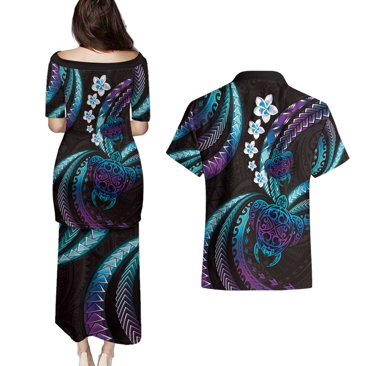 Hawaii Turtles Plumeria Couples Matching Puletasi and Hawaiian Shirt Amethyst Gradient Polynesian Pattern