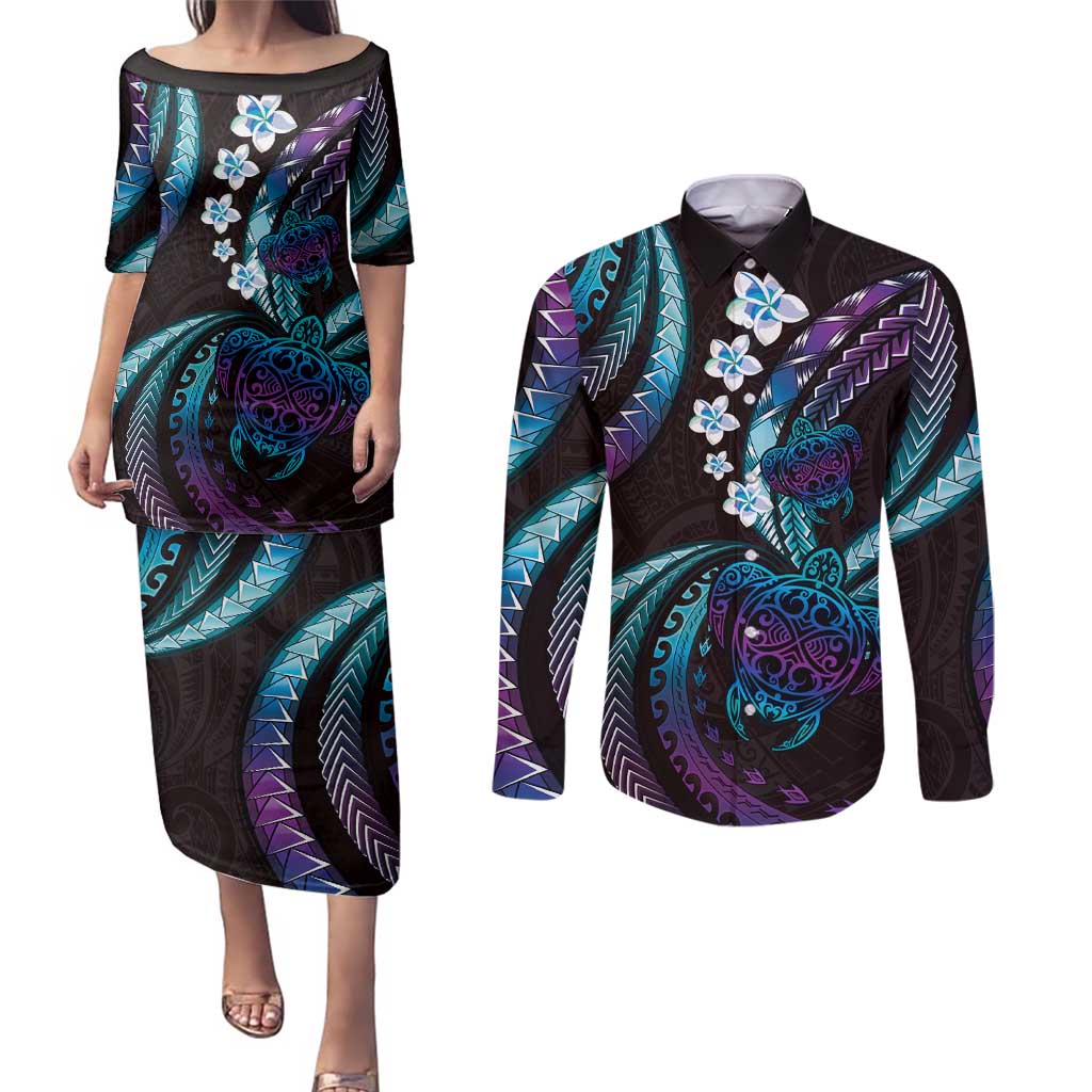 Hawaii Turtles Plumeria Couples Matching Puletasi and Long Sleeve Button Shirt Amethyst Gradient Polynesian Pattern