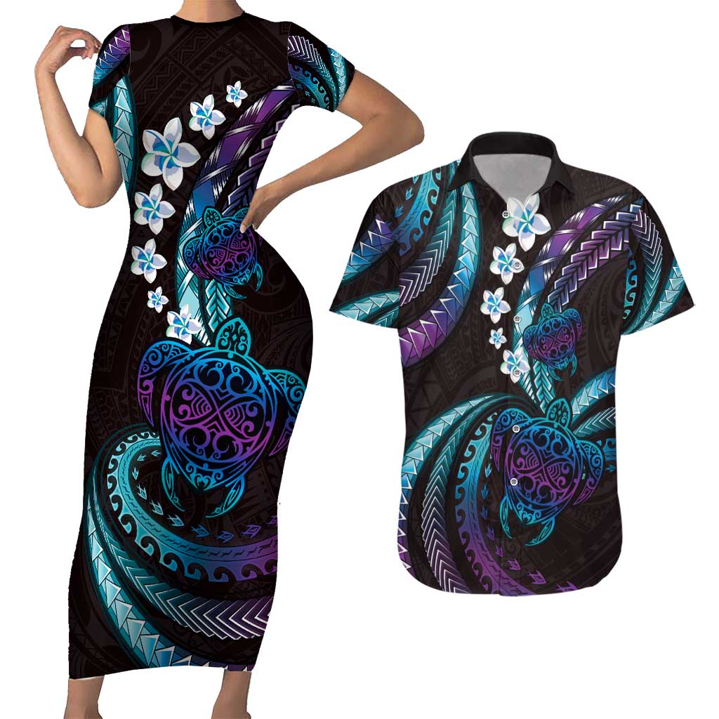 Hawaii Turtles Plumeria Couples Matching Short Sleeve Bodycon Dress and Hawaiian Shirt Amethyst Gradient Polynesian Pattern