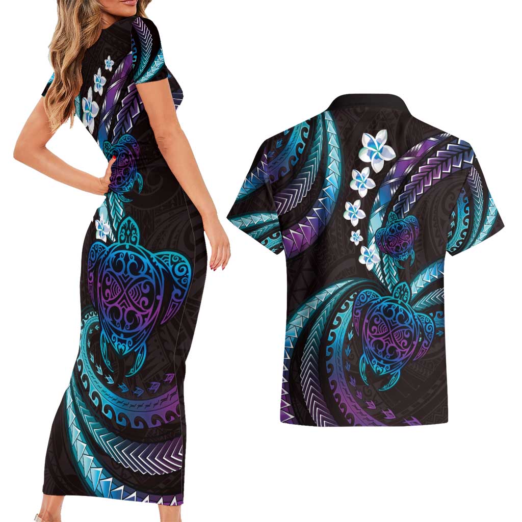 Hawaii Turtles Plumeria Couples Matching Short Sleeve Bodycon Dress and Hawaiian Shirt Amethyst Gradient Polynesian Pattern