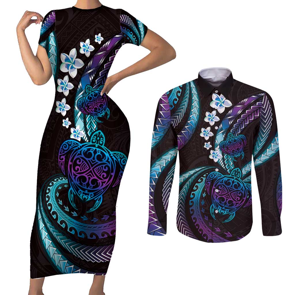 Hawaii Turtles Plumeria Couples Matching Short Sleeve Bodycon Dress and Long Sleeve Button Shirt Amethyst Gradient Polynesian Pattern