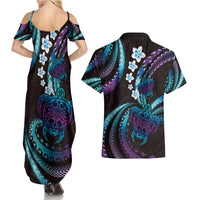 Hawaii Turtles Plumeria Couples Matching Summer Maxi Dress and Hawaiian Shirt Amethyst Gradient Polynesian Pattern