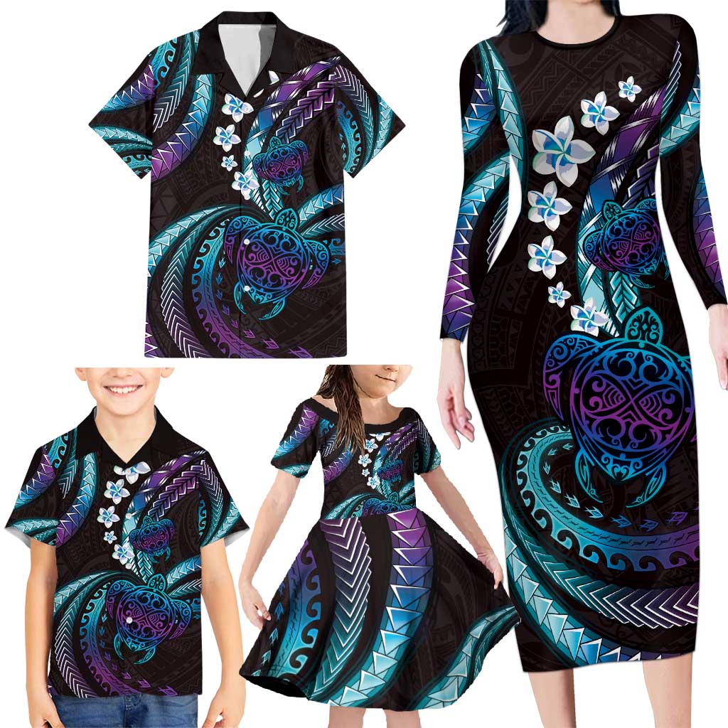 Hawaii Turtles Plumeria Family Matching Long Sleeve Bodycon Dress and Hawaiian Shirt Amethyst Gradient Polynesian Pattern