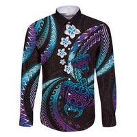 Hawaii Turtles Plumeria Family Matching Mermaid Dress and Hawaiian Shirt Amethyst Gradient Polynesian Pattern LT01 Dad's Shirt - Long Sleeve Purple - Polynesian Pride