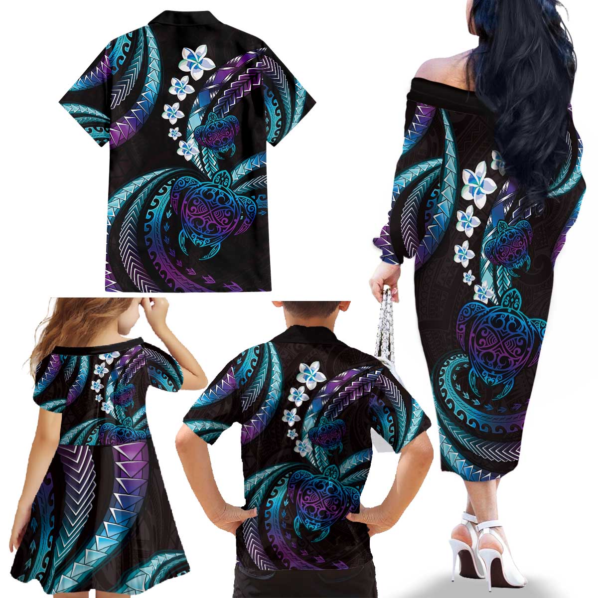 Hawaii Turtles Plumeria Family Matching Off The Shoulder Long Sleeve Dress and Hawaiian Shirt Amethyst Gradient Polynesian Pattern