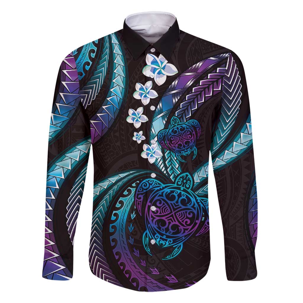 Hawaii Turtles Plumeria Family Matching Off Shoulder Maxi Dress and Hawaiian Shirt Amethyst Gradient Polynesian Pattern