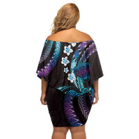 Hawaii Turtles Plumeria Family Matching Off Shoulder Short Dress and Hawaiian Shirt Amethyst Gradient Polynesian Pattern