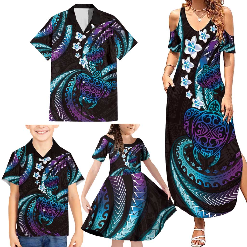Hawaii Turtles Plumeria Family Matching Summer Maxi Dress and Hawaiian Shirt Amethyst Gradient Polynesian Pattern