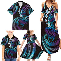 Hawaii Turtles Plumeria Family Matching Summer Maxi Dress and Hawaiian Shirt Amethyst Gradient Polynesian Pattern