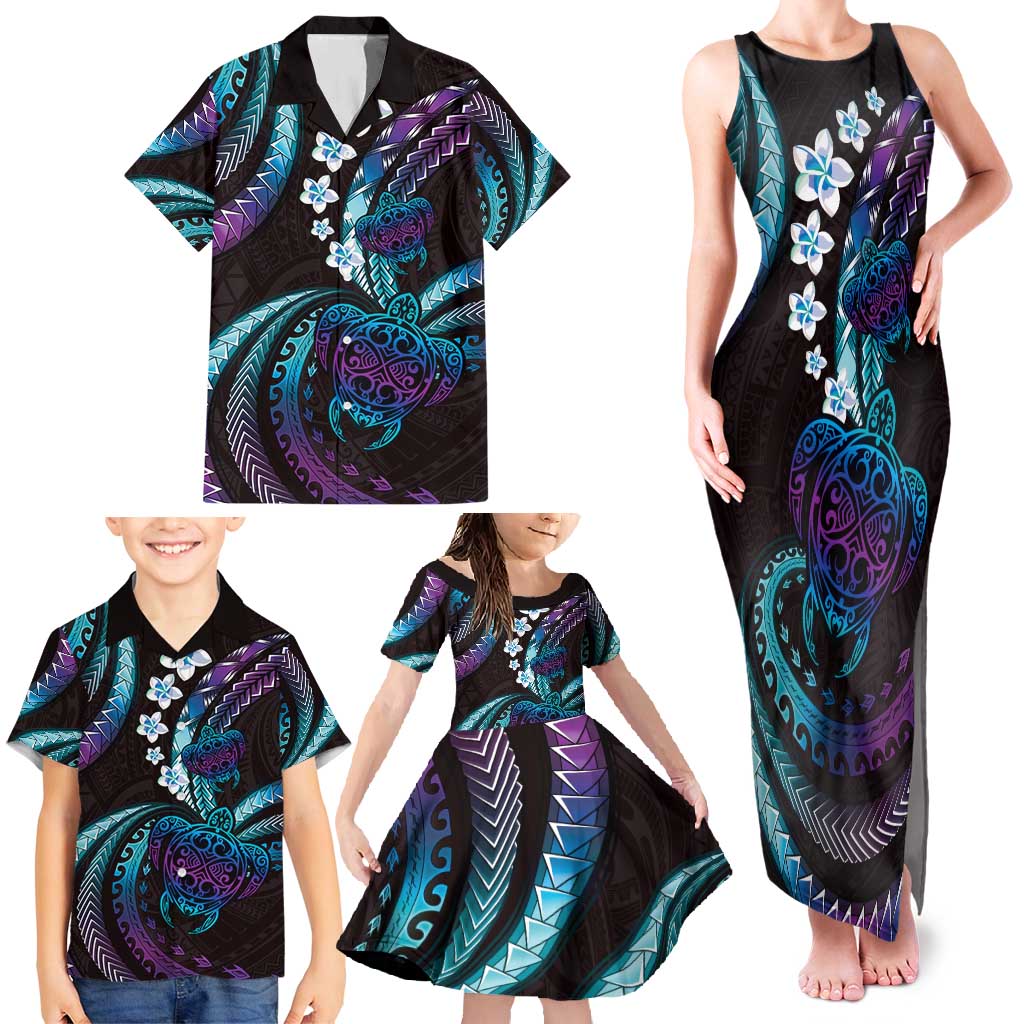 Hawaii Turtles Plumeria Family Matching Tank Maxi Dress and Hawaiian Shirt Amethyst Gradient Polynesian Pattern