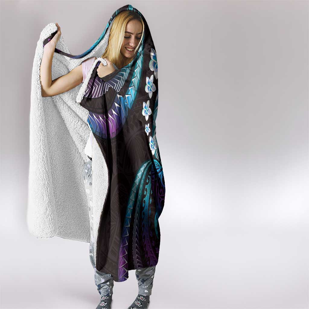 Hawaii Turtles Plumeria Hooded Blanket Amethyst Gradient Polynesian Pattern