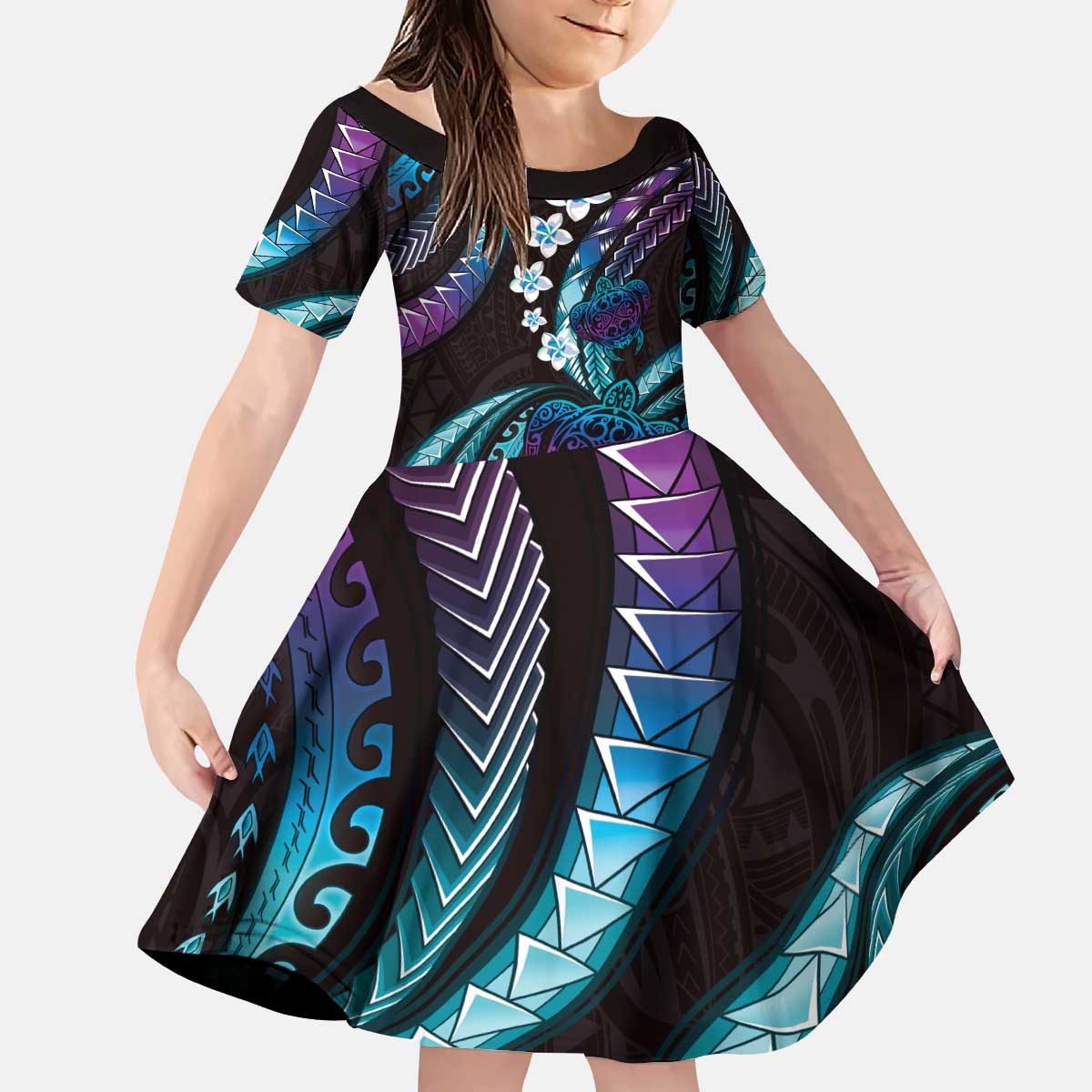 Hawaii Turtles Plumeria Kid Short Sleeve Dress Amethyst Gradient Polynesian Pattern
