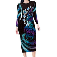 Hawaii Turtles Plumeria Long Sleeve Bodycon Dress Amethyst Gradient Polynesian Pattern LT01 Long Dress Purple - Polynesian Pride