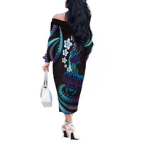 Hawaii Turtles Plumeria Off The Shoulder Long Sleeve Dress Amethyst Gradient Polynesian Pattern