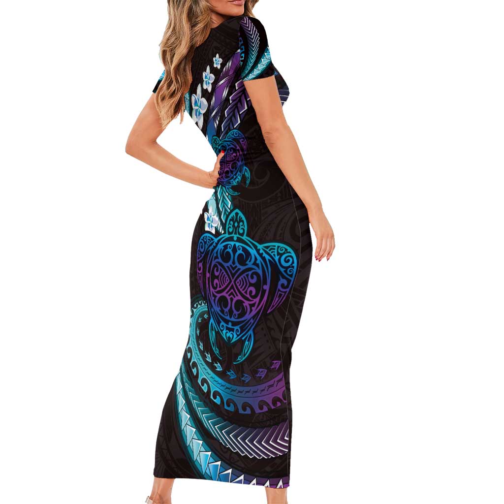 Hawaii Turtles Plumeria Short Sleeve Bodycon Dress Amethyst Gradient Polynesian Pattern