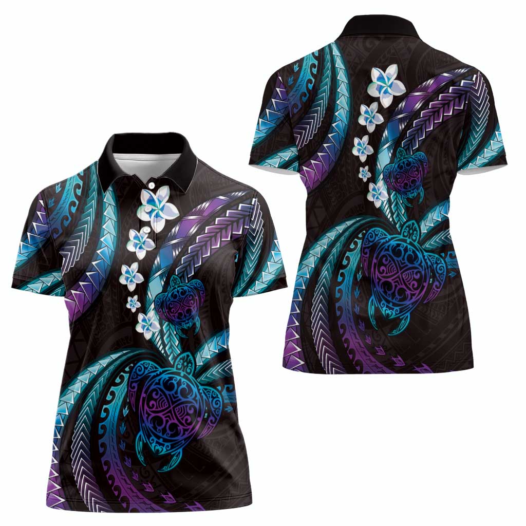 Hawaii Turtles Plumeria Women Polo Shirt Amethyst Gradient Polynesian Pattern LT01 - Polynesian Pride